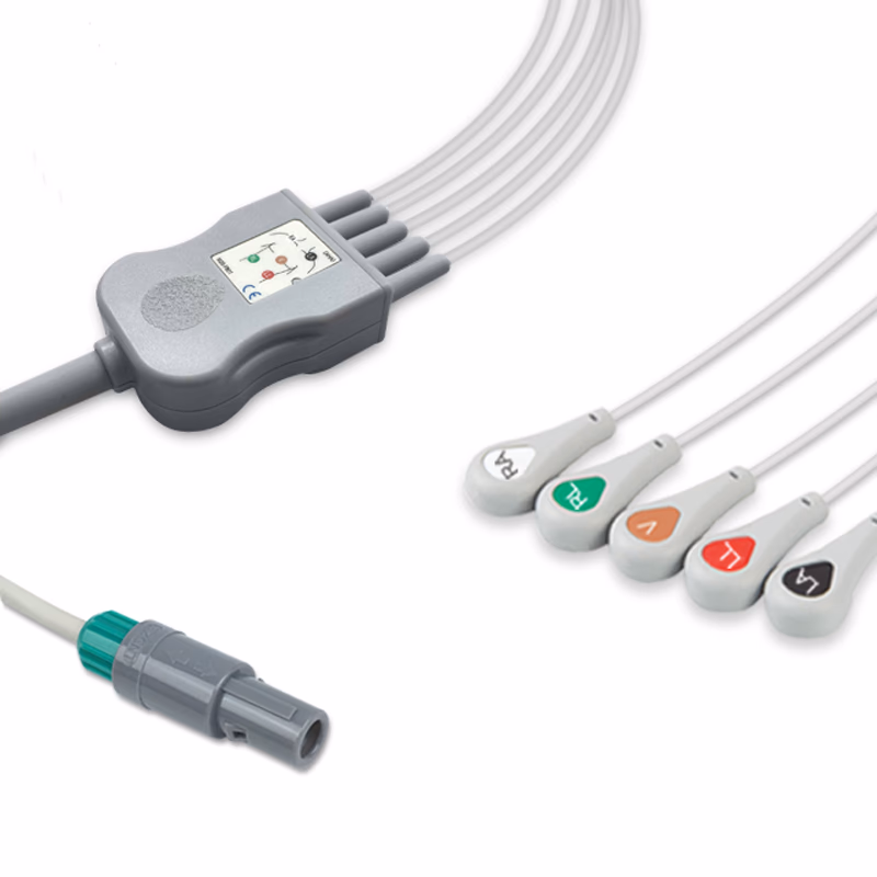 Compatible 5-lead One-Piece ECG Cable with Snap end (for use with Biosys) AHA Reusable, Limb + Chest Lead, 2.5m+0.9m, Respiratory Rate SKU: EC-5055S-A