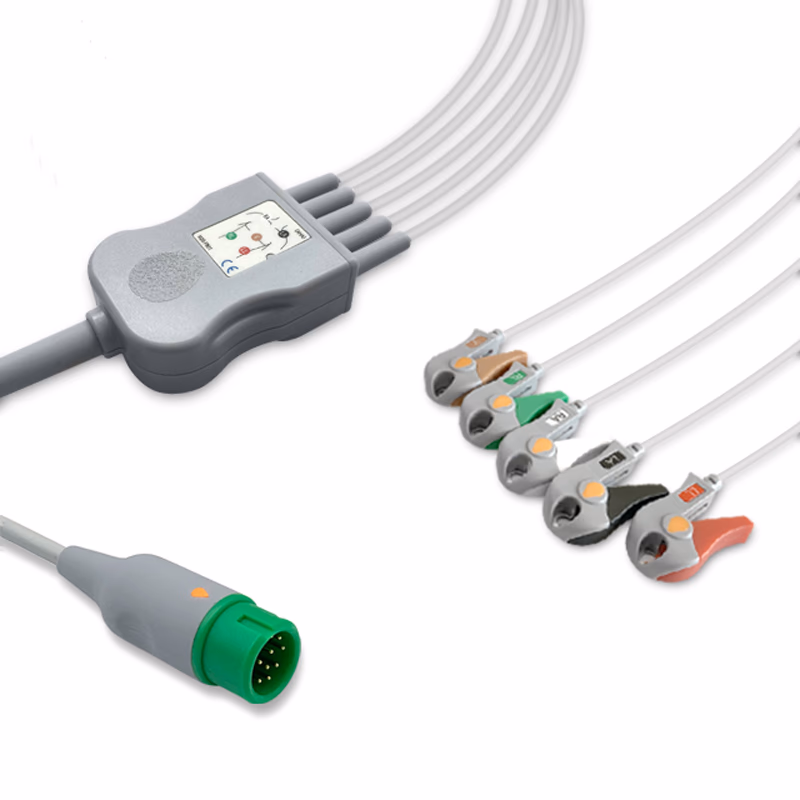 Compatible 5-lead One-Piece ECG Cable with Grabber/Pinch end (comparable to Comen 040-000909-00) AHA Reusable, Limb + Chest Lead, 2.5m+0.9m, Defib-Proof (with Resist) SKU: EC-5057RG-A