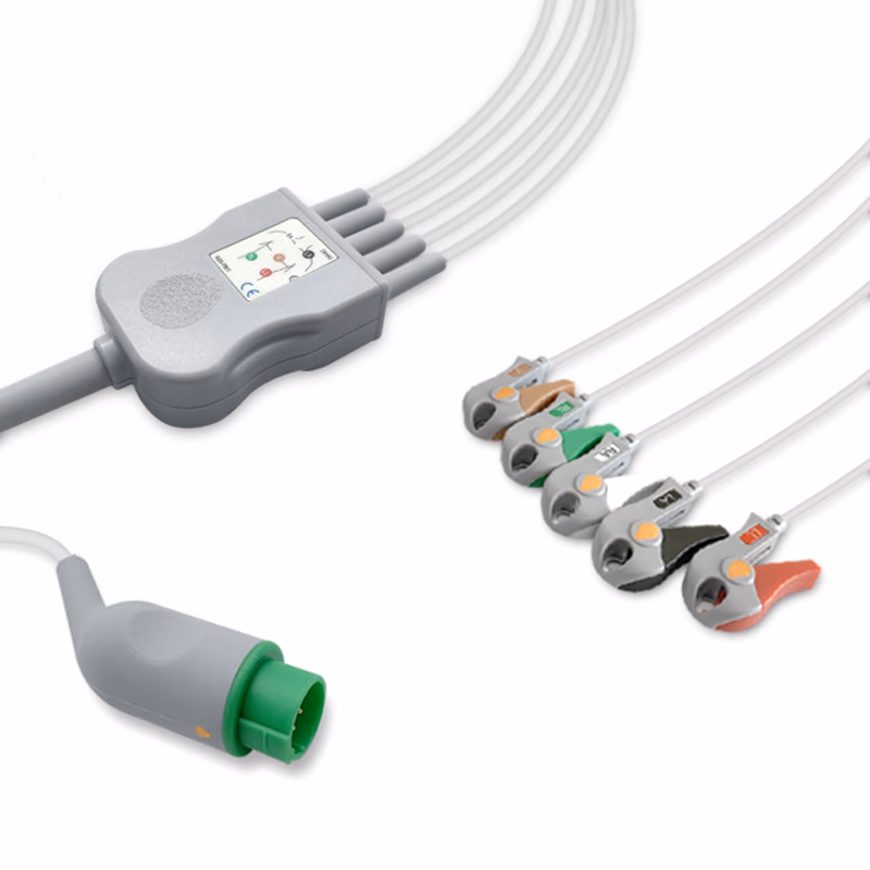 Compatible 5-lead One-Piece ECG Cable with Grabber/Pinch end (for use with Bexen Cardio) AHA Reusable, Limb + Chest Lead, 2.5m+0.9m, Respiratory Rate SKU: EC-5060G-A