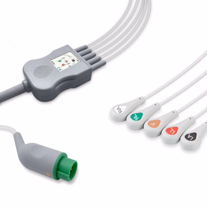 Compatible 5-lead One-Piece ECG Cable with Snap end (for use with Bexen Cardio) AHA Reusable, Limb + Chest Lead, 2.5m+0.9m, Respiratory Rate SKU: EC-5060S-A