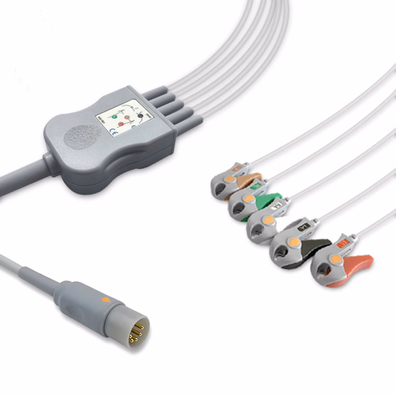 Compatible 5-lead One-Piece ECG Cable with Grabber/Pinch end (for use with ECAFIX) AHA Reusable, Limb + Chest Lead, 2.5m+0.9m, Defib-Proof (with Resist) SKU: EC-5065RG-A