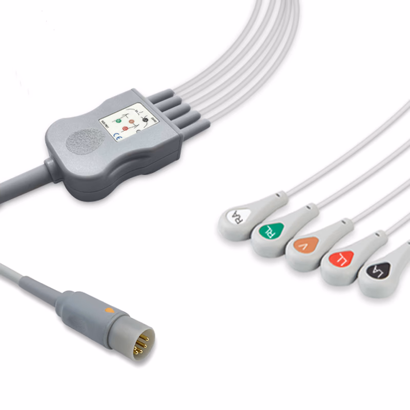 Compatible 5-lead One-Piece ECG Cable with Snap end (for use with ECAFIX) AHA Reusable, Limb + Chest Lead, 2.5m+0.9m, Defib-Proof (with Resist) SKU: EC-5065RS-A