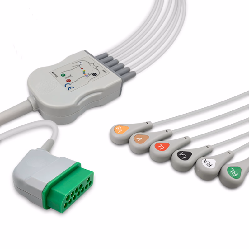 Compatible 6-lead One-Piece ECG Cable with Snap end (for use with Nihon Kohden) AHA Reusable, Limb + Chest Lead, 2.5m+0.9m, Respiratory Rate SKU: EC-6013S-A