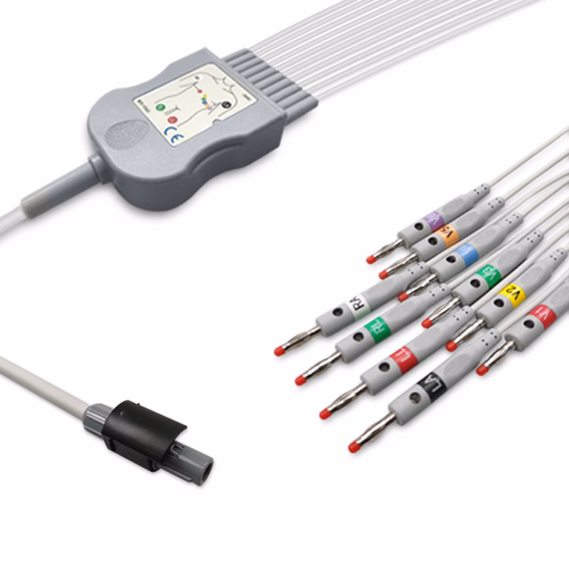 Compatible 10-lead Diagnostic(EKG) One-Piece ECG Cable with 4mm Banana end (comparable to Welch Allyn RE-PC-AHA-BAN) AHA Reusable, Limb + Chest Lead, 0.6m+mixed 0.8m/1.2m, Defib-Proof (with Resist) SKU: EKC10R(06)-WA-B-A