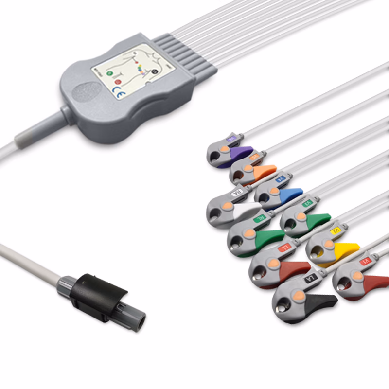 Compatible 10-lead Diagnostic(EKG) One-Piece ECG Cable with Grabber/Pinch end (for use with Welch Allyn) AHA Reusable, Limb + Chest Lead, 0.6m+mixed 0.8m/1.2m, Defib-Proof (with Resist) SKU: EKC10R(06)-WA-G-A
