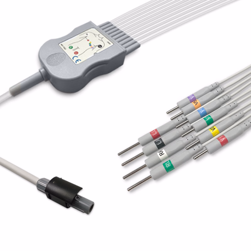 Compatible 10-lead Diagnostic(EKG) One-Piece ECG Cable with 3mm Needle end (for use with Welch Allyn) AHA Reusable, Limb + Chest Lead, 0.6m+mixed 0.8m/1.2m, Defib-Proof (with Resist) SKU: EKC10R(06)-WA-N-A