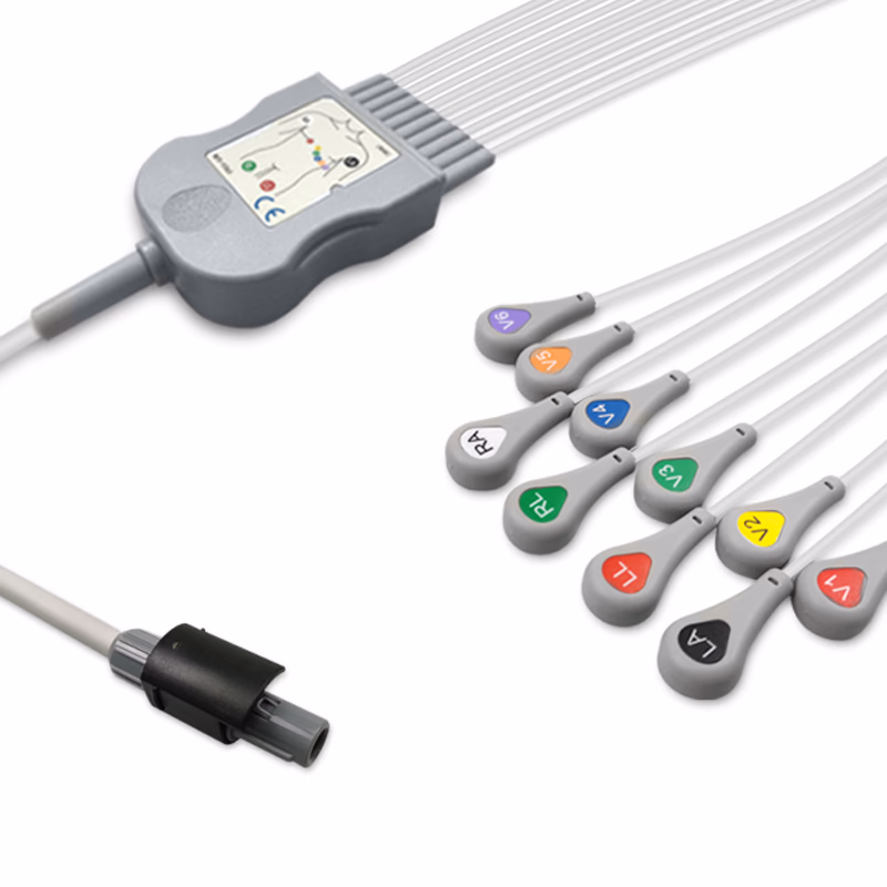 Compatible 10-lead Diagnostic(EKG) One-Piece ECG Cable with Snap end (for use with Welch Allyn) AHA Reusable, Limb + Chest Lead, 0.6m+mixed 0.9m/1.2m, Defib-Proof (with Resist) SKU: EKC10R(06)-WA-S-A