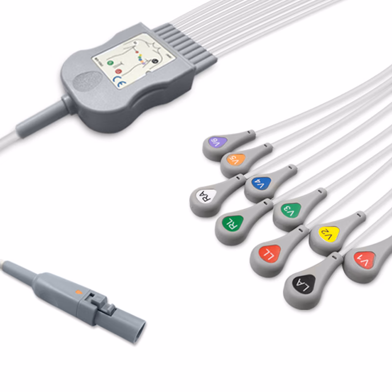 Compatible 10-lead Diagnostic(EKG) One-Piece ECG Cable with Snap end (comparable to Hill-Rom 60-00185-01) AHA Reusable, Limb + Chest Lead, 1.3m+mixed 0.9m/1.2m, Defib-Proof (with Resist) SKU: EKC10R(13)-BKC-S-A