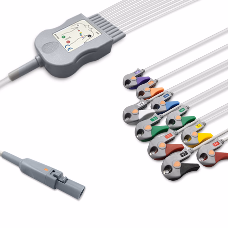 Compatible 10-lead Diagnostic(EKG) One-Piece ECG Cable with Grabber/Pinch end (comparable to Burdick 60-00180-01(5.0m)) AHA Reusable, Limb + Chest Lead, 5.0m+mixed 0.8m/1.2m, Defib-Proof (with Resist) SKU: EKC10R(50)-BKC-G-A