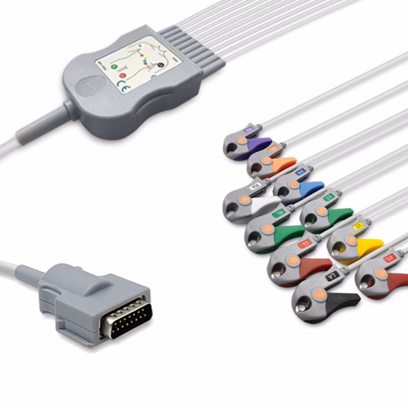Compatible 10-lead Diagnostic(EKG) One-Piece ECG Cable with Grabber/Pinch end (comparable to Burdick 007725) AHA Reusable, Limb + Chest Lead, 2.2m+mixed 0.8m/1.2m, Respiratory Rate SKU: EKC10-BKB-G-A