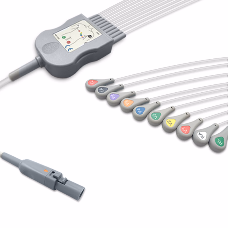 Compatible 10-lead Diagnostic(EKG) One-Piece ECG Cable with Snap end (comparable to Quinton 60-00181-01) AHA Reusable, Limb + Chest Lead, 2.2m+mixed 0.9m/1.2m, Defib-Proof (with Resist) SKU: EKC10R-BKC-S-A
