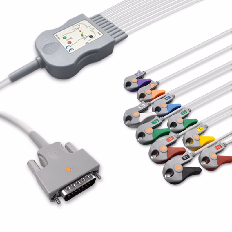 Compatible 10-lead Diagnostic(EKG) One-Piece ECG Cable with Grabber/Pinch end (comparable to Edan MS1R-107584-A0) AHA Reusable, Limb + Chest Lead, 2.2m+mixed 0.8m/1.2m, Defib-Proof (with Resist) SKU: EKC10R-ED-G-A