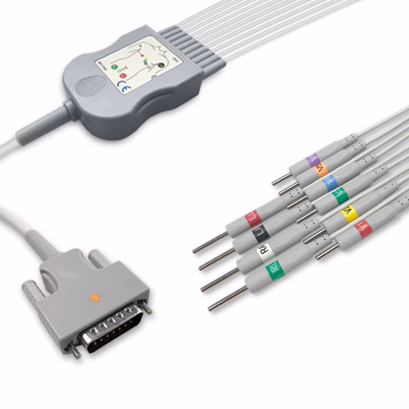 Compatible 10-lead Diagnostic(EKG) One-Piece ECG Cable with 3mm Needle end (for use with Edan) AHA Reusable, Limb + Chest Lead, 2.2m+mixed 0.8m/1.2m, Defib-Proof (with Resist) SKU: EKC10R-ED-N-A