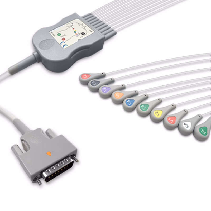 Compatible 10-lead Diagnostic(EKG) One-Piece ECG Cable with Snap end (comparable to Edan MS1R-109851) AHA Reusable, Limb + Chest Lead, 2.2m+mixed 0.9m/1.2m, Defib-Proof (with Resist) SKU: EKC10R-ED-S-A
