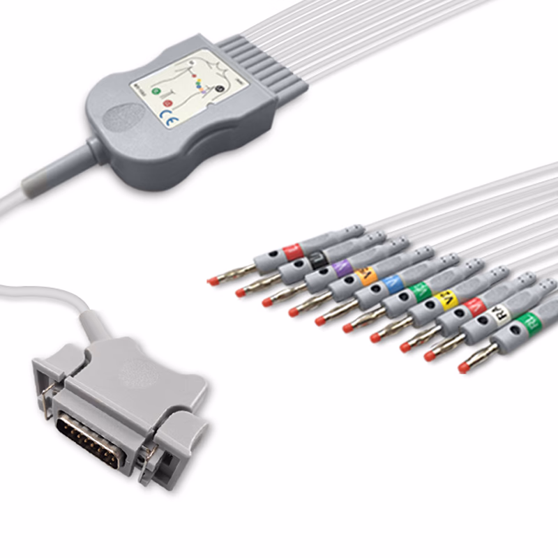 Compatible 10-lead Diagnostic(EKG) One-Piece ECG Cable with 4mm Banana end (for use with Hellige) AHA Reusable, Limb + Chest Lead, 2.2m+mixed 0.8m/1.2m, Defib-Proof (with Resist) SKU: EKC10R-HL-B-A