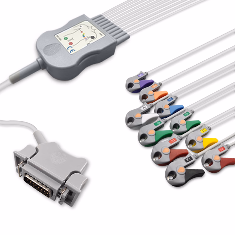 Compatible 10-lead Diagnostic(EKG) One-Piece ECG Cable with Grabber/Pinch end (for use with Hellige) AHA Reusable, Limb + Chest Lead, 2.2m+mixed 0.8m/1.2m, Defib-Proof (with Resist) SKU: EKC10R-HL-G-A