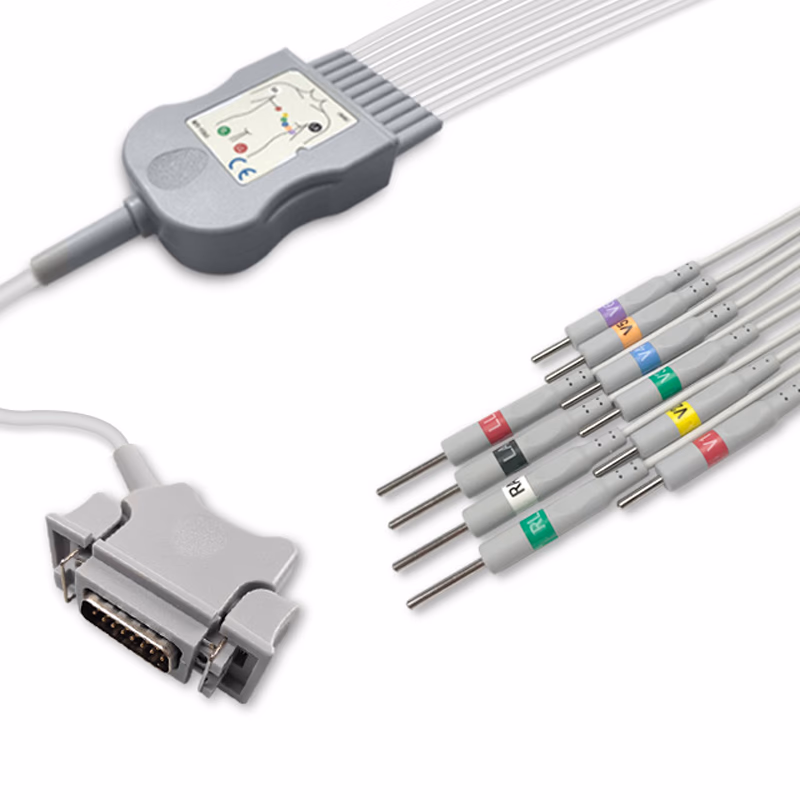 Compatible 10-lead Diagnostic(EKG) One-Piece ECG Cable with 3mm Needle end (for use with Hellige) AHA Reusable, Limb + Chest Lead, 2.2m+mixed 0.8m/1.2m, Defib-Proof (with Resist) SKU: EKC10R-HL-N-A