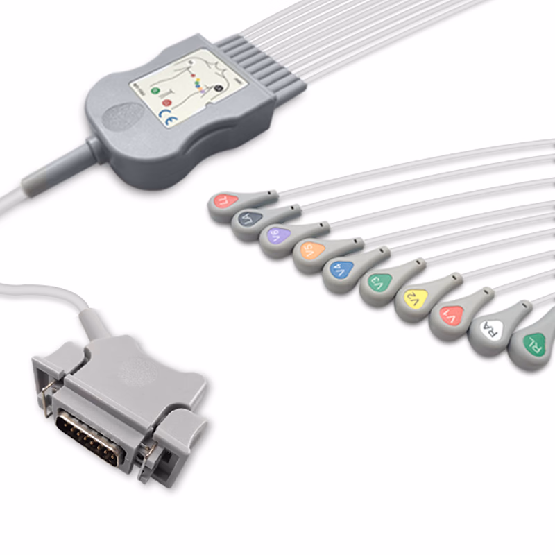 Compatible 10-lead Diagnostic(EKG) One-Piece ECG Cable with Snap end (for use with Hellige) AHA Reusable, Limb + Chest Lead, 2.2m+mixed 0.9m/1.2m, Defib-Proof (with Resist) SKU: EKC10R-HL-S-A