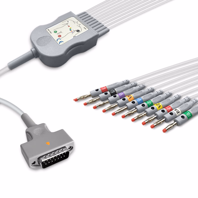 Compatible 10-lead Diagnostic(EKG) One-Piece ECG Cable with 4mm Banana end (comparable to GE Healthcare 2104727-001) AHA Reusable, Limb + Chest Lead, 2.2m+mixed 0.8m/1.2m, Defib-Proof (with Resist) SKU: EKC10R-MQ-B-A