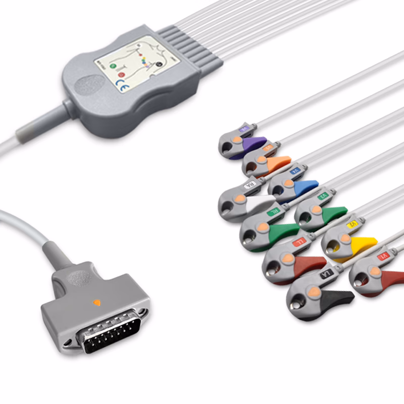 Compatible 10-lead Diagnostic(EKG) One-Piece ECG Cable with Grabber/Pinch end (for use with GE Healthcare) AHA Reusable, Limb + Chest Lead, 2.2m+mixed 0.8m/1.2m, Defib-Proof (with Resist) SKU: EKC10R-MQ-G-A