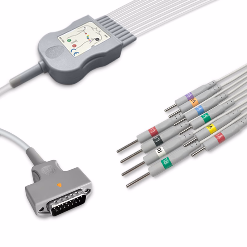 Compatible 10-lead Diagnostic(EKG) One-Piece ECG Cable with 3mm Needle end (for use with GE Healthcare) AHA Reusable, Limb + Chest Lead, 2.2m+mixed 0.8m/1.2m, Defib-Proof (with Resist) SKU: EKC10R-MQ-N-A