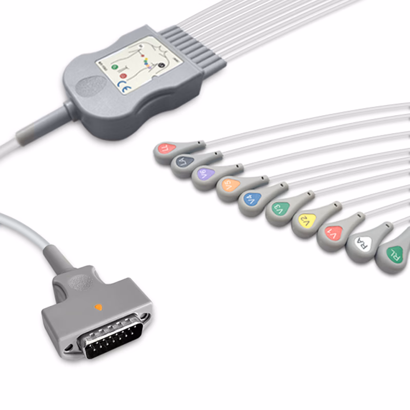 Compatible 10-lead Diagnostic(EKG) One-Piece ECG Cable with Snap end (for use with GE Healthcare) AHA Reusable, Limb + Chest Lead, 2.2m+mixed 0.9m/1.2m, Defib-Proof (with Resist) SKU: EKC10R-MQ-S-A