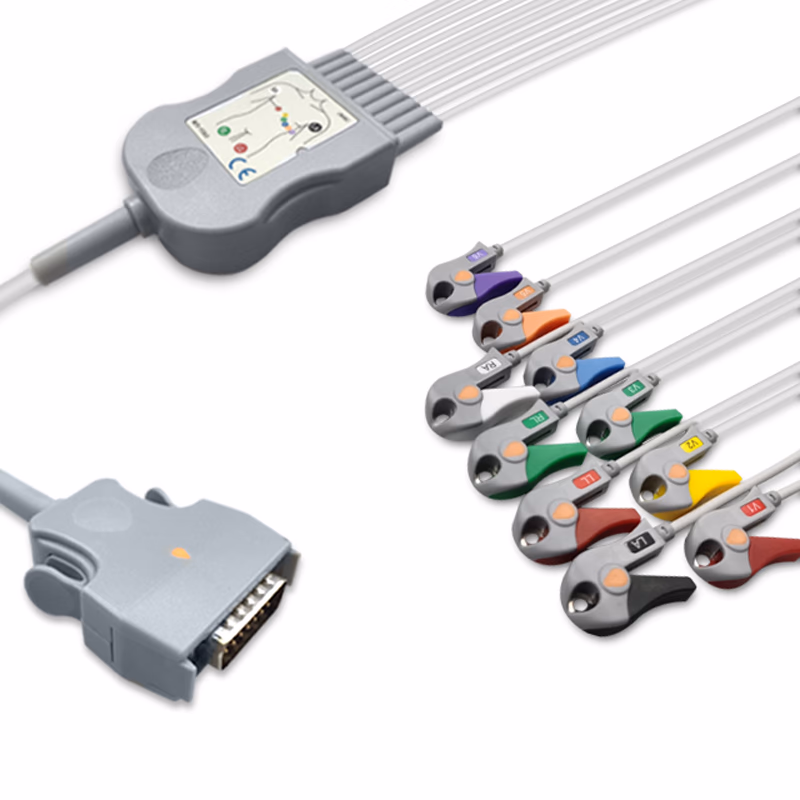 Compatible 10-lead Diagnostic(EKG) One-Piece ECG Cable with Grabber/Pinch end (for use with Mortara) AHA Reusable, Limb + Chest Lead, 2.2m+mixed 0.8m/1.2m, Defib-Proof (with Resist) SKU: EKC10R-MT-G-A