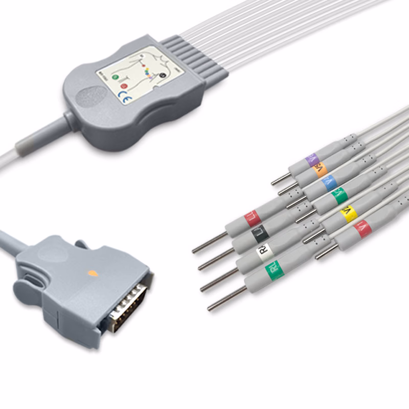 Compatible 10-lead Diagnostic(EKG) One-Piece ECG Cable with 3mm Needle end (for use with Mortara) AHA Reusable, Limb + Chest Lead, 2.2m+mixed 0.8m/1.2m, Defib-Proof (with Resist) SKU: EKC10R-MT-N-A