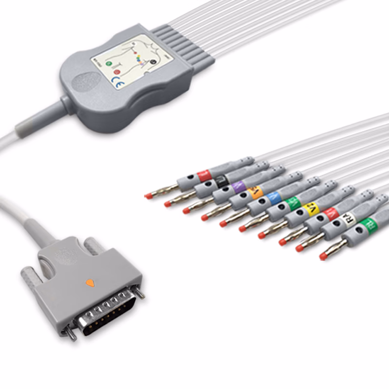 Compatible 10-lead Diagnostic(EKG) One-Piece ECG Cable with 4mm Banana end (comparable to Nihon Kohden BA-902D) AHA Reusable, Limb + Chest Lead, 2.2m+mixed 0.8m/1.2m, Respiratory Rate SKU: EKC10-NKB-B-A