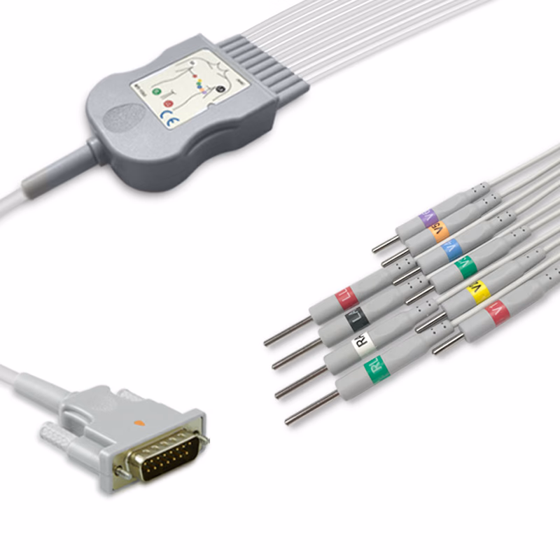Compatible 10-lead Diagnostic(EKG) One-Piece ECG Cable with 3mm Needle end (for use with Philips) AHA Reusable, Limb + Chest Lead, 2.2m+mixed 0.8m/1.2m, Defib-Proof (with Resist) SKU: EKC10R-PH-N-A