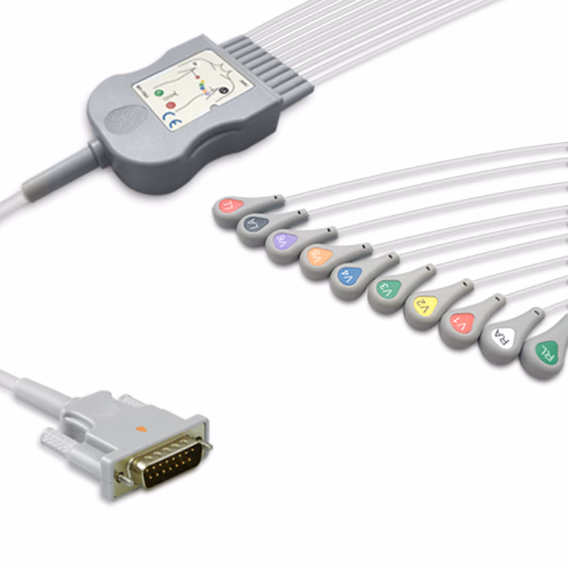 Compatible 10-lead Diagnostic(EKG) One-Piece ECG Cable with Snap end (for use with Philips) AHA Reusable, Limb + Chest Lead, 2.2m+mixed 0.9m/1.2m, Defib-Proof (with Resist) SKU: EKC10R-PH-S-A