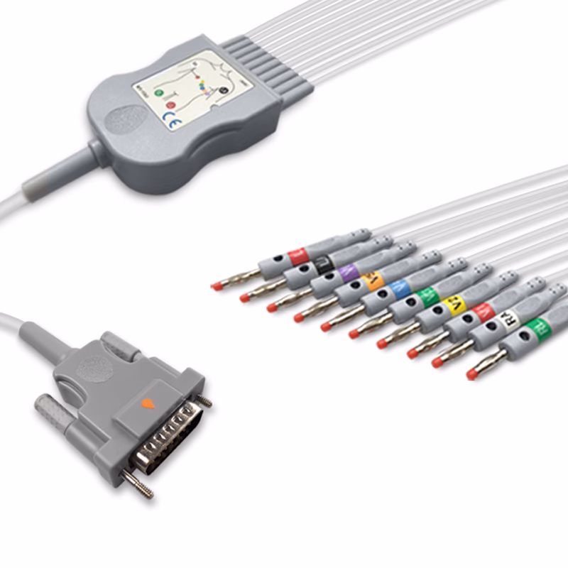 Compatible 10-lead Diagnostic(EKG) One-Piece ECG Cable with 4mm Banana end (comparable to Schiller 2.400095) AHA Reusable, Limb + Chest Lead, 2.2m+mixed 0.8m/1.2m, Defib-Proof (with Resist) SKU: EKC10R-SHA-B-A