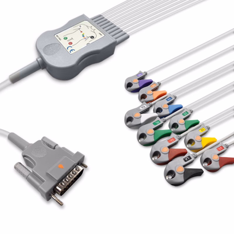 Compatible 10-lead Diagnostic(EKG) One-Piece ECG Cable with Grabber/Pinch end (comparable to Schiller 2.400116E) AHA Reusable, Limb + Chest Lead, 2.2m+mixed 0.8m/1.2m, Defib-Proof (with Resist) SKU: EKC10R-SHA-G-A