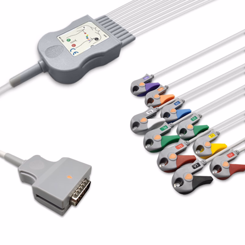 Compatible 10-lead Diagnostic(EKG) One-Piece ECG Cable with Grabber/Pinch end (for use with Burdick) AHA Reusable, Limb + Chest Lead, 2.2m+mixed 0.8m/1.2m, Respiratory Rate SKU: EKC10-BKA-G-A