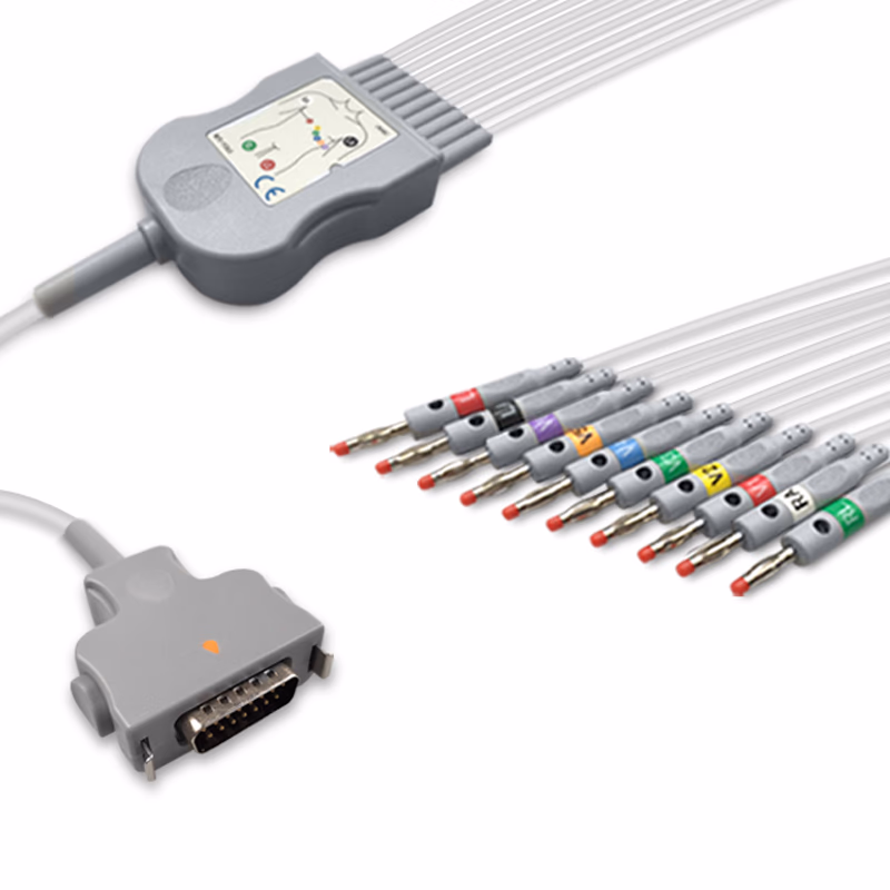 Compatible 10-lead Diagnostic(EKG) One-Piece ECG Cable with 4mm Banana end AHA Reusable, Limb + Chest Lead, 2.2m+mixed 0.8m/1.2m, Respiratory Rate SKU: EKC10-FDA-B-A