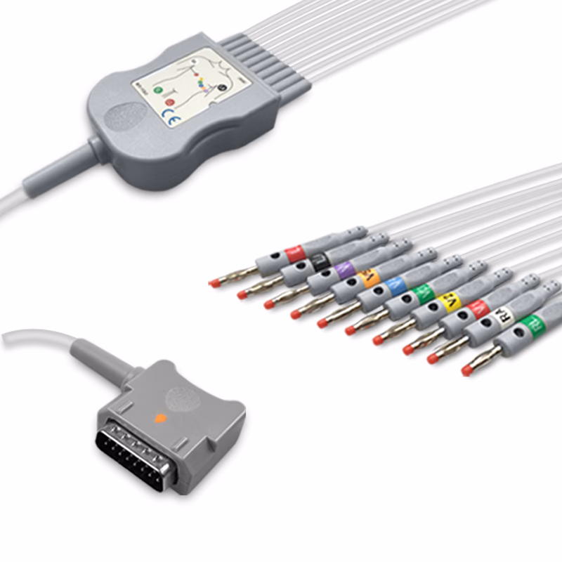 Compatible 10-lead Diagnostic(EKG) One-Piece ECG Cable with 4mm Banana end (comparable to Kenz K131) AHA Reusable, Limb + Chest Lead, 2.2m+mixed 0.8m/1.2m, Respiratory Rate SKU: EKC10-KZB-B-A