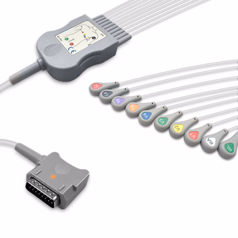 Compatible 10-lead Diagnostic(EKG) One-Piece ECG Cable with Snap end (for use with Kenz) AHA Reusable, Limb + Chest Lead, 2.2m+mixed 0.9m/1.2m, Respiratory Rate SKU: EKC10-KZB-S-A