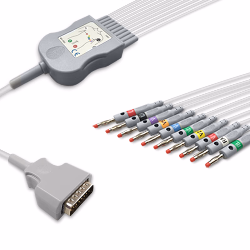 Compatible 10-lead Diagnostic(EKG) One-Piece ECG Cable with 4mm Banana end (comparable to Nihon Kohden 45502-NK) AHA Reusable, Limb + Chest Lead, 2.2m+mixed 0.8m/1.2m, Respiratory Rate SKU: EKC10-NKA-B-A