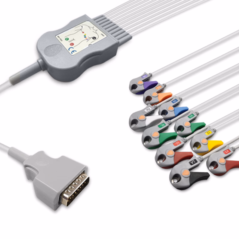 Compatible 10-lead Diagnostic(EKG) One-Piece ECG Cable with Grabber/Pinch end (for use with Nihon Kohden) AHA Reusable, Limb + Chest Lead, 2.2m+mixed 0.8m/1.2m, Respiratory Rate SKU: EKC10-NKA-G-A
