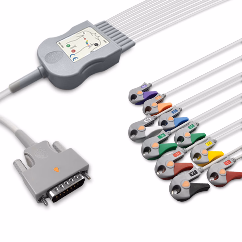 Compatible 10-lead Diagnostic(EKG) One-Piece ECG Cable with Grabber/Pinch end (comparable to Nihon Kohden BR-903D) AHA Reusable, Limb + Chest Lead, 2.2m+mixed 0.8m/1.2m, Respiratory Rate SKU: EKC10-NKB-G-A