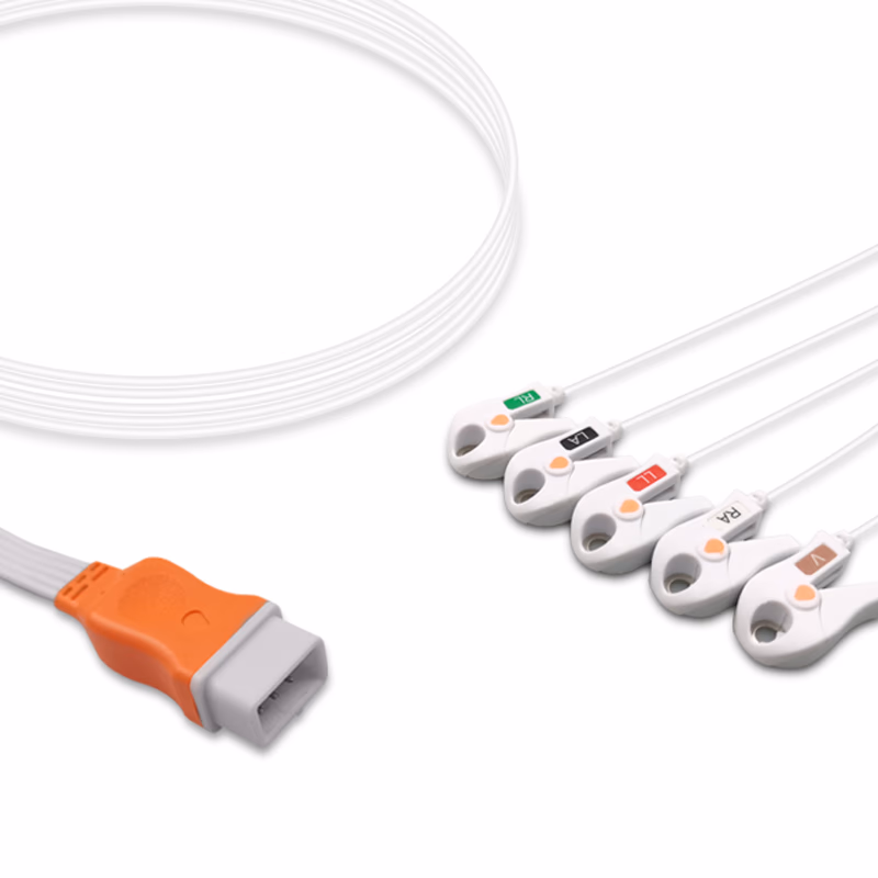 Compatible 5-lead ECG Leadwire with Grabber/Pinch end Molded 1.3m AHA (for use with Covidien) Disposable, Limb + Chest Lead, Lead Type: Covidien/Kendall, Shielded SKU: ELD-CV5-300G-A
