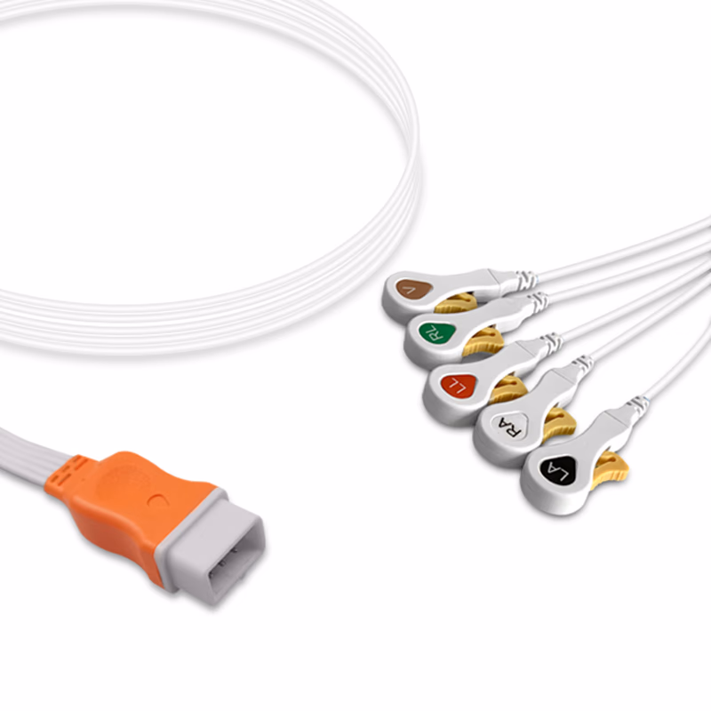 Compatible 5-lead ECG Leadwire with Snap end Molded 1.3m AHA (comparable to Covidien 33105) Disposable, Limb + Chest Lead, Lead Type: Covidien/Kendall, Shielded SKU: ELD-CV5-300S-A