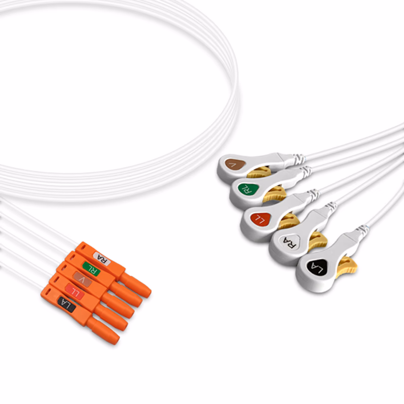 Compatible 5-lead ECG Leadwire with Snap end Molded 0.6m AHA (comparable to Kendall 33133) Disposable, Limb + Chest Lead, Lead Type: Safety Din, Unshielded SKU: ELD-D5-60S-A