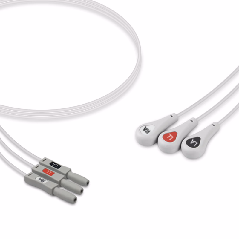 Compatible 3-lead ECG Leadwire with Snap end Individual 0.6m AHA Reusable, Limb Lead, Lead Type: Safety Din, Unshielded SKU: EL-D3-60S-A