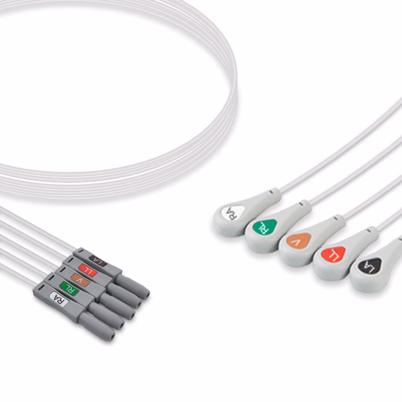 Compatible 5-lead ECG Leadwire with Snap end Individual 0.6m AHA Reusable, Limb + Chest Lead, Lead Type: Safety Din, Unshielded SKU: EL-D5-60S-A