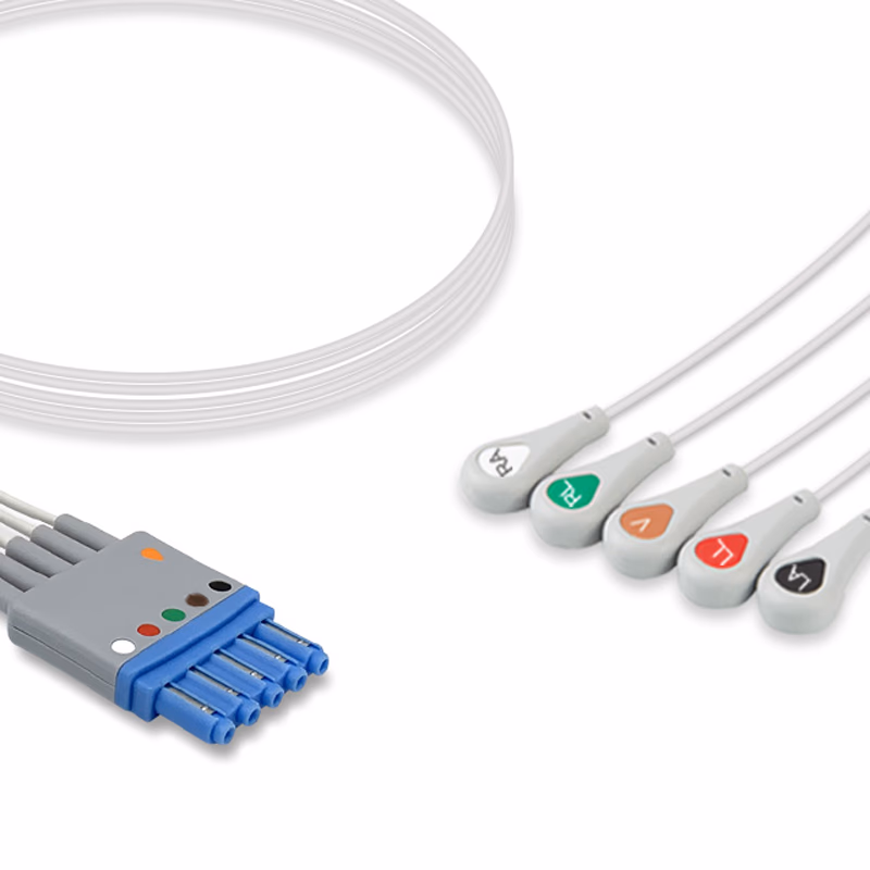 Compatible 5-lead ECG Leadwire with Snap end Molded 1.2m AHA (comparable to Maquet D012-00-1813-01) Reusable, Limb + Chest Lead, Shielded SKU: EL-GM5-120S-A
