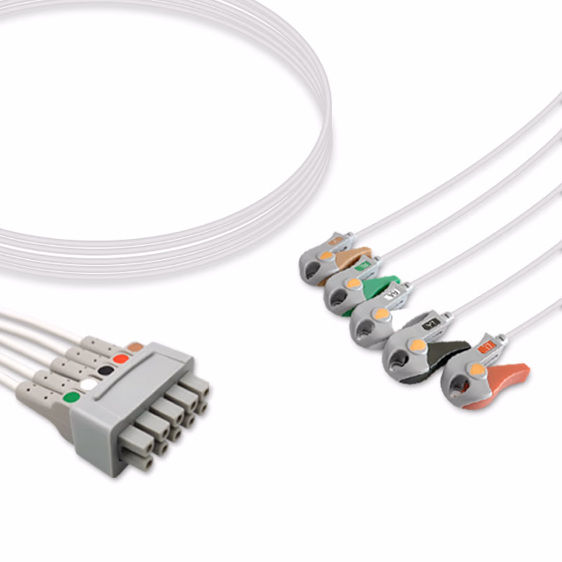 Compatible 5-lead ECG Leadwire with Snap end Individual 0.9m+1.3m AHA (comparable to GE Healthcare 2106391-005) Reusable, Limb + Chest Lead, Lead Type: GE Multi-Link, Shielded SKU: EL-MQS5-90(130)G-A