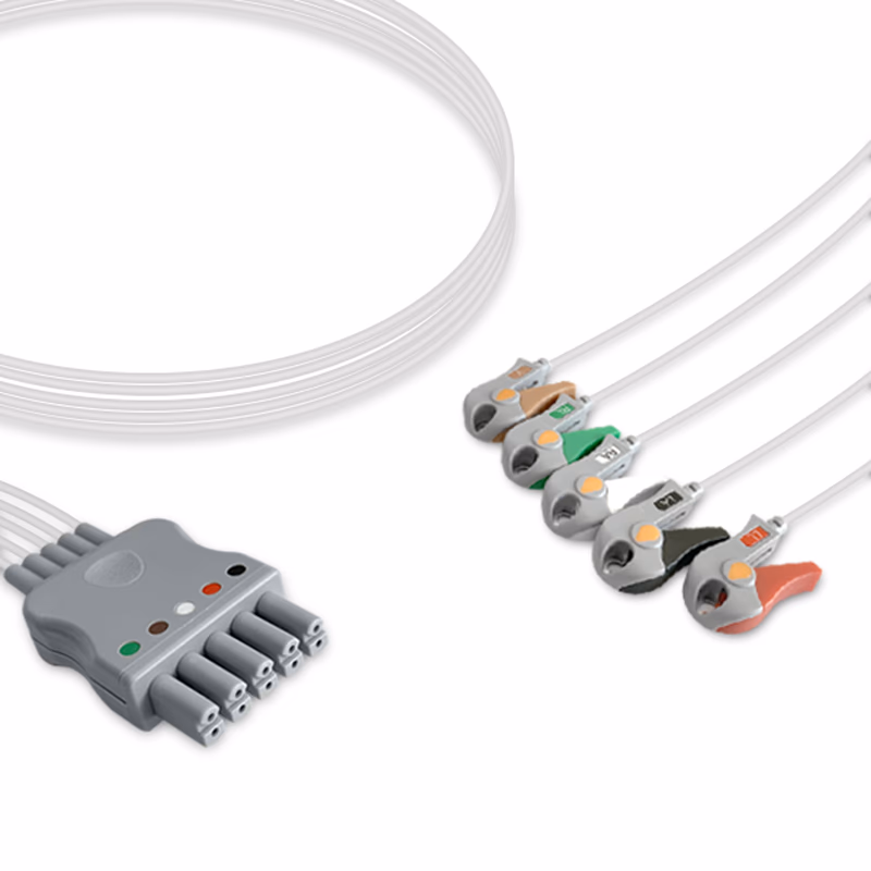 Compatible 5-lead ECG Leadwire with Grabber/Pinch end Molded 0.9m AHA (comparable to Siemens 5956359) Reusable, Limb + Chest Lead, Lead Type: Siemens Dual-Pin, Shielded SKU: EL-SM5-90G-A