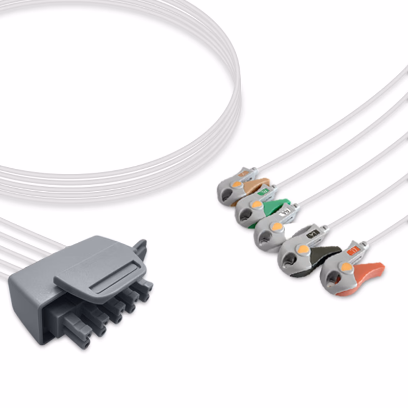 Compatible 5-lead Telemetry ECG Leadwire with Grabber/Pinch end Molded 0.9m AHA (comparable to Philips M2593A) Reusable, Limb + Chest Lead, Lead Type: Tele AA Twin-Pin, Shielded SKU: EL-TAA5-90G-A