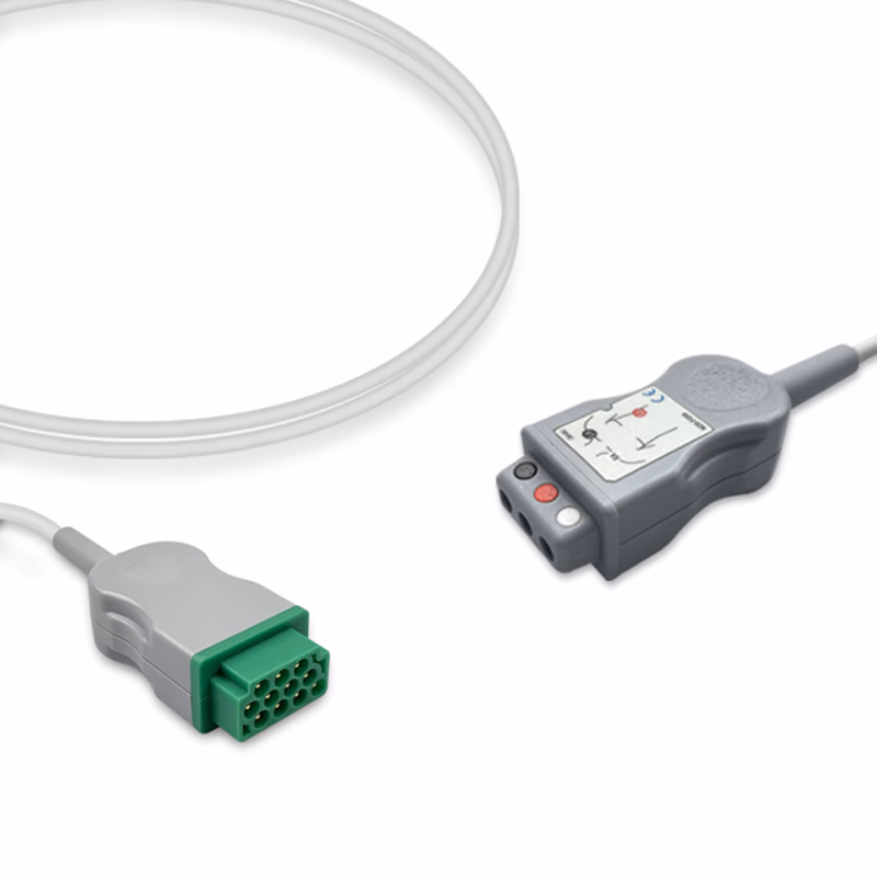 Compatible 3-lead with Respiratory Rate ECG Trunk Cable AHA (comparable to GE Healthcare 2106306-001) Reusable, 2.5m, used with Safety Din Leadwire SKU: ET-3004-D-A
